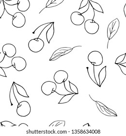 Seamless vector background. Cherries and cherry leaves. Black outline on transparent background.