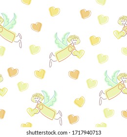 Seamless vector background for children. Yellow hearts, an angel on a white background. Pattern.