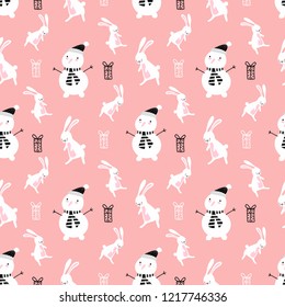 seamless vector background with Christmas figures, snowmen hares and gifts on a pink background