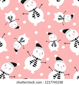seamless vector background with christmas patterns snowmen on a pink background