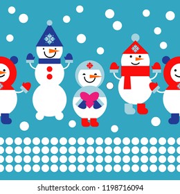 Seamless vector background with Christmas snowmen. Winter holiday vintage pattern. Can be used for wallpaper, textile, invitation card, wrapping, web page background.