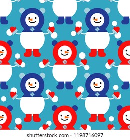 Seamless vector background with Christmas snowmen. Winter holiday vintage pattern. Can be used for wallpaper, textile, invitation card, wrapping, web page background.