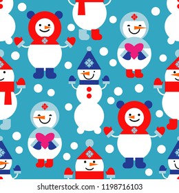 Seamless vector background with Christmas snowmen. Winter holiday vintage pattern. Can be used for wallpaper, textile, invitation card, wrapping, web page background.