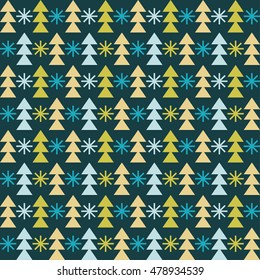 Seamless vector background with Christmas trees and snowflakes. Repeating background. Cloth design, wallpaper.