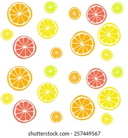 Seamless vector background with citrus fruits. Lime, lemon, tangerine, orange. Hand-drawn