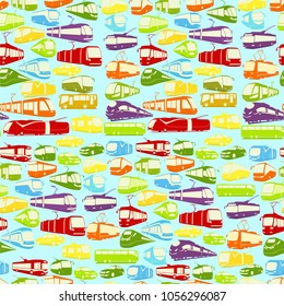 Seamless vector background with city transport in various colors