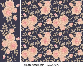 Seamless vector background with climbing roses. Set of  floral pattern and vertical border.