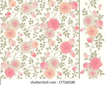 Seamless vector background with climbing roses. Set of  floral pattern and vertical border.