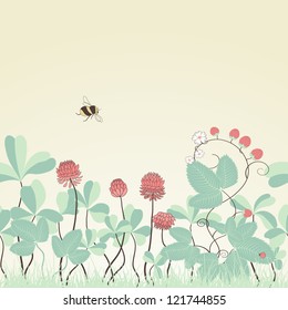 Seamless vector background. Clover and strawberry plants. Bumble bee and ladybug. Colors are easily editable. Suitable as background for the site and for printing. Can also be used as a greeting card.