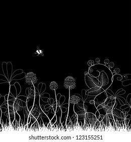 Seamless vector background. Clover and strawberry plants. Bumble bee and ladybug.  Can also be used as a greeting card.