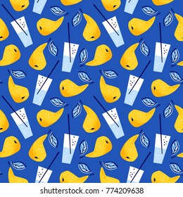 Seamless vector background with cocktail glasses and pears. Hand-drawn illustration