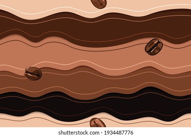 seamless vector background of coffee on waves, repeating lines and coffee beans, abstract illustration
