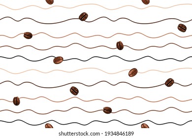 seamless vector background of coffee on waves on a white background, repeating lines and coffee beans, abstract illustration 