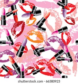 seamless vector background  of colored lipsticks and print lips