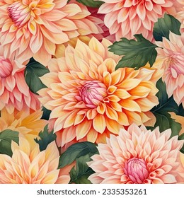 Seamless vector background with colorful blooming dahlia flowers, vintage watercolor painting style.