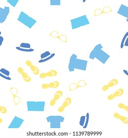 Seamless vector background. Colorful Cartoon funny summer objects pattern. Clothes, shoes and accessories