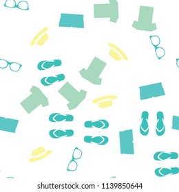 Seamless vector background. Colorful Cartoon funny summer objects pattern. Clothes, shoes and accessories