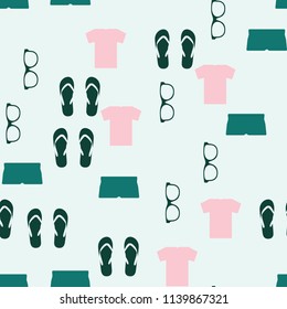 Seamless vector background. Colorful Cartoon funny summer objects pattern. Clothes, shoes and accessories