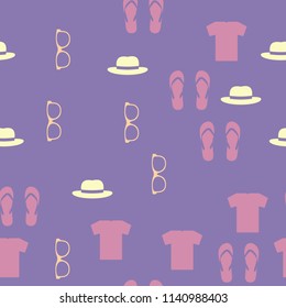 Seamless vector background. Colorful Cartoon funny summer objects pattern. Clothes, shoes and accessories