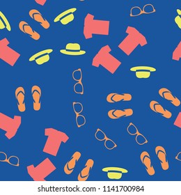 Seamless vector background. Colorful Cartoon funny summer objects pattern. Clothes, shoes and accessories