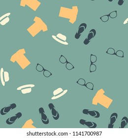 Seamless vector background. Colorful Cartoon funny summer objects pattern. Clothes, shoes and accessories