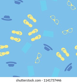 Seamless vector background. Colorful Cartoon funny summer objects pattern. Clothes, shoes and accessories