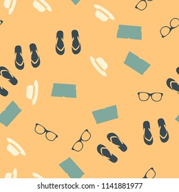 Seamless vector background. Colorful Cartoon funny summer objects pattern. Clothes, shoes and accessories