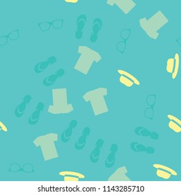 Seamless vector background. Colorful Cartoon funny summer objects pattern. Clothes, shoes and accessories