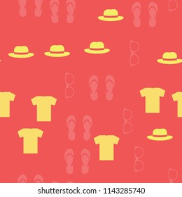 Seamless vector background. Colorful Cartoon funny summer objects pattern. Clothes, shoes and accessories