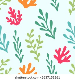 Seamless vector background with colorful coral and seaweed shapes on light blue. Decorative marine flora illustration.