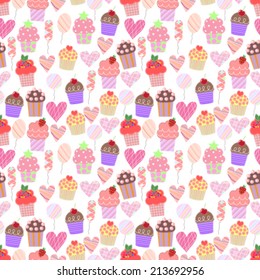 Seamless vector background with colorful cupcakes 