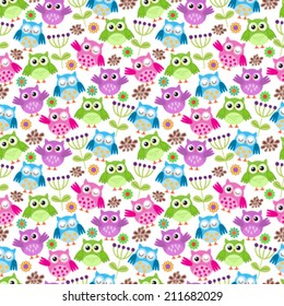 Seamless vector background with colorful funny owls