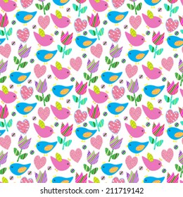Seamless vector background with colorful funny birds