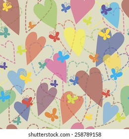 Seamless vector background of colorful hearts and butterflies