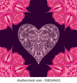Seamless vector background with colorful hearts and ornate mandalas.