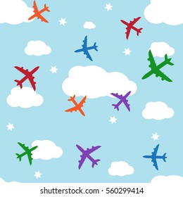 Seamless vector background with colorful jets on the blue sky. Seamless pattern, background, vector texture
