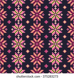 Seamless vector background with colorful Norwegian snowflakes. Print. Repeating background. Cloth design, wallpaper.