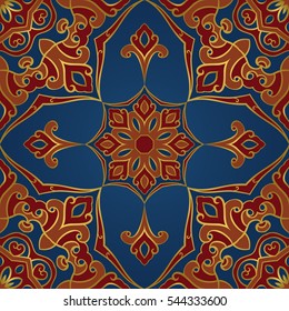Seamless vector background. Colorful pattern with mandalas. Oriental ornament. Template for carpet, shawl, textile.