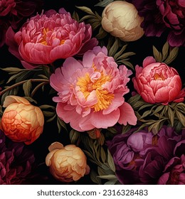 Seamless vector background with colorful peonies.