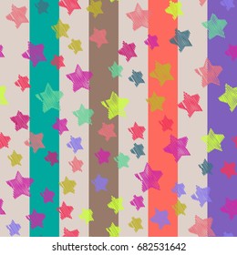 Seamless vector background. Colorful rainbow strip and scribble of the star. Suitable for children's posters, postcards, banners, textiles, paper, packaging