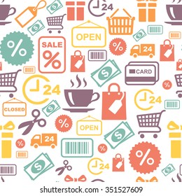 seamless vector background with colorful shopping and supermarket services icons