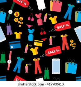 seamless vector background with colorful shopping icons