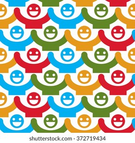 Seamless vector background with colorful smiley faces. People with positive emotions and holding their hands up continuous backdrop.