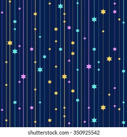 Seamless vector background with colorful stars on striped background. Repeating geometric background. Graphic stripes with vertical direction.