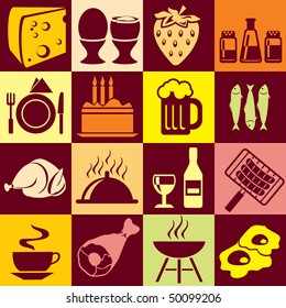 Seamless vector background with colorful symbols of food and beverages. Alternation of light and dark cells