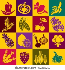 Seamless vector background with colorful symbols of fruits and vegetables. Alternation of light and dark cells