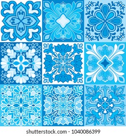 Seamless vector background of colorful tiles with Moroccan, Arabic, Portuguese ornaments. 