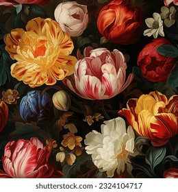 Seamless vector background with colorful tulips. Vintage oil painting still life style.