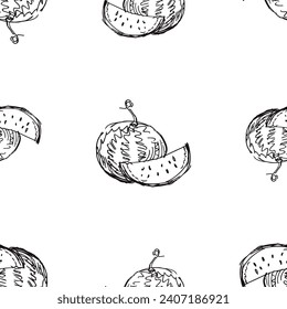 Seamless vector background of contour hand drawings ripe watermelon, vector illustration
