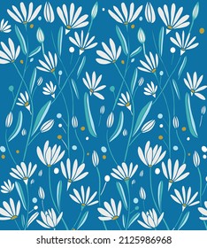 Seamless vector background. Creative floral print with chamomile flowers, tulips leaves in hand drawn style on blue background. Perfect spring and summer template for fashion design, textiles. 